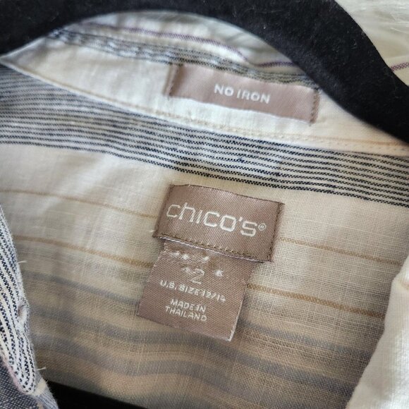 Chico’s 100% Linen Tunic Top Dress Women Size 2 L 12  No Iron‎ Stripe Cuffed - Picture 5 of 15